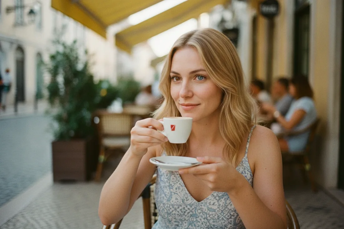 Lucia sipping an espresso at a Lisbon cafe terrace