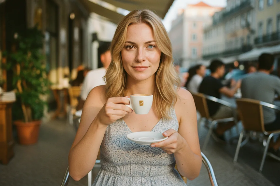 Lucia holding a coffee at a busy cafe terrace