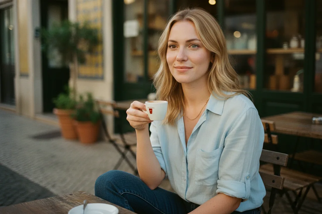 Lucia seated at a cafe terrace with a coffee cup