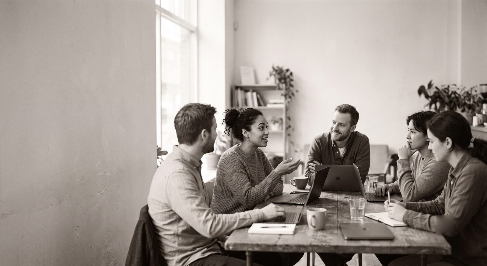 Five people around a table with open laptops, one mid-sentence, the others listening.