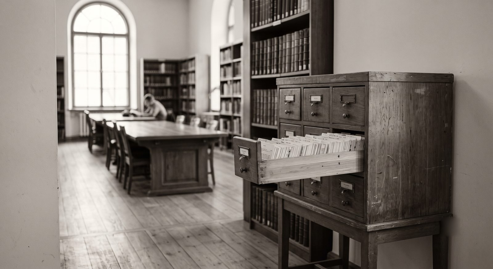 The reading room of an old library, one drawer of a card catalogue pulled open.