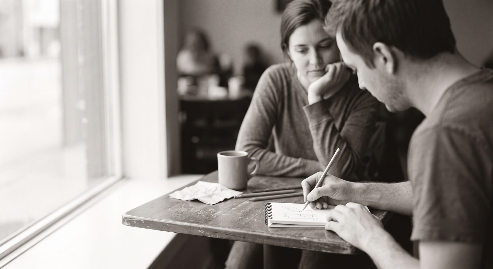 Two people at a small café table, one sketching on a notepad while the other watches and listens.