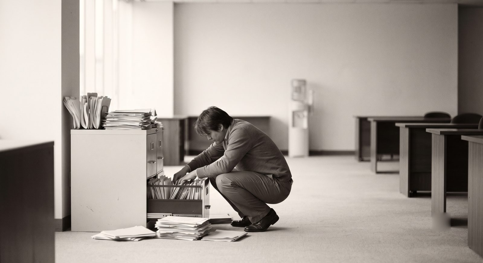 A person crouched at an open filing cabinet in an empty office, paper stacked on the floor around them.