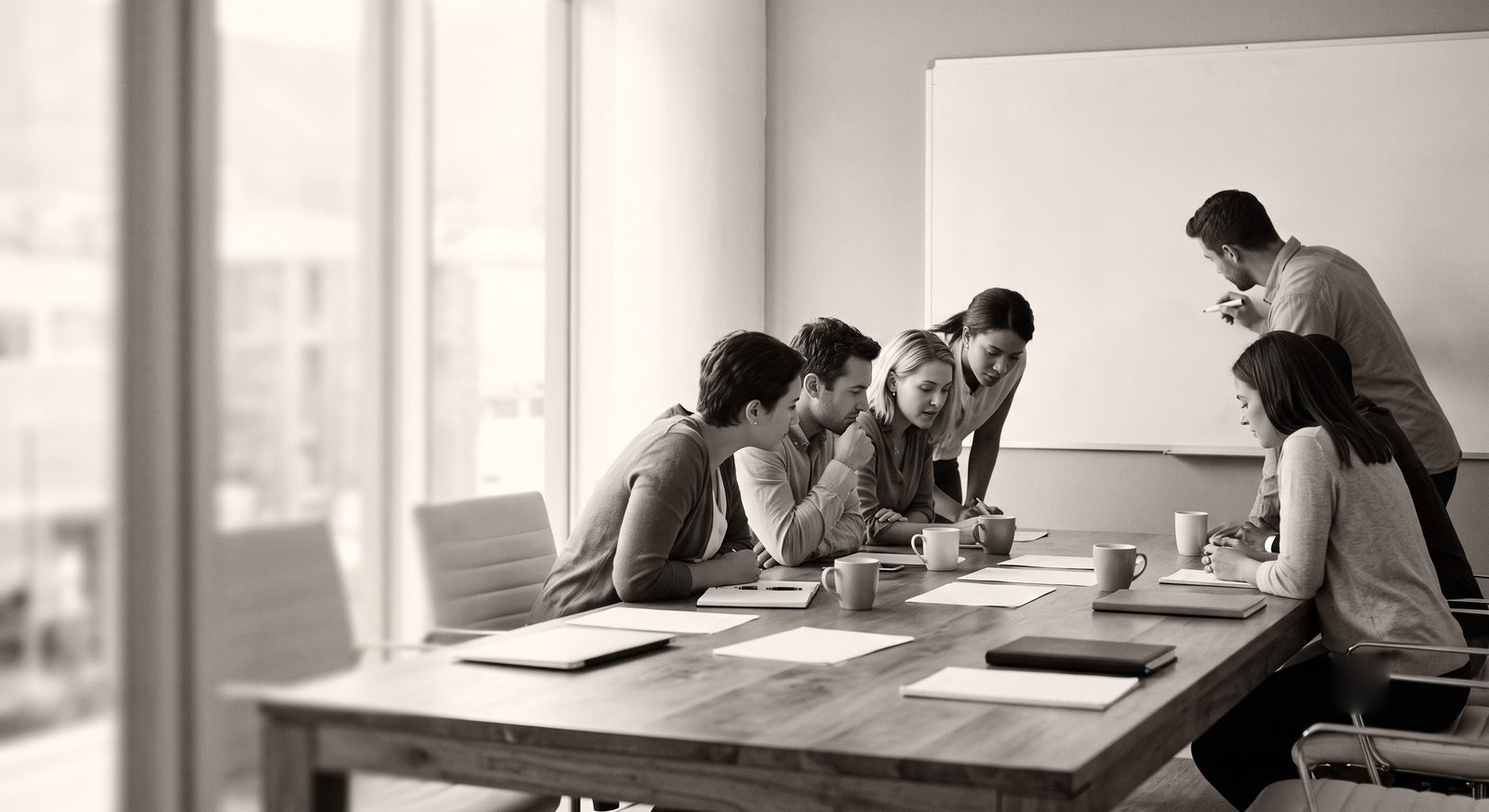 Six colleagues leaning over a boardroom table while one of them stands at a whiteboard.