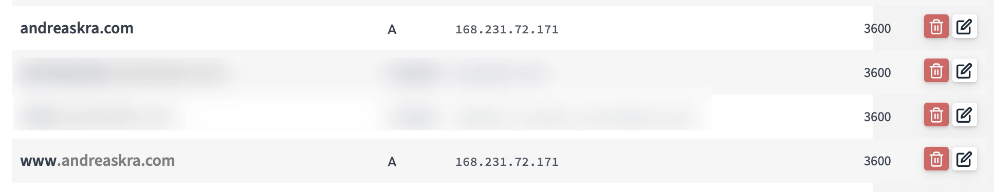 DNS settings at a registrar showing two A records pointing to the server IP