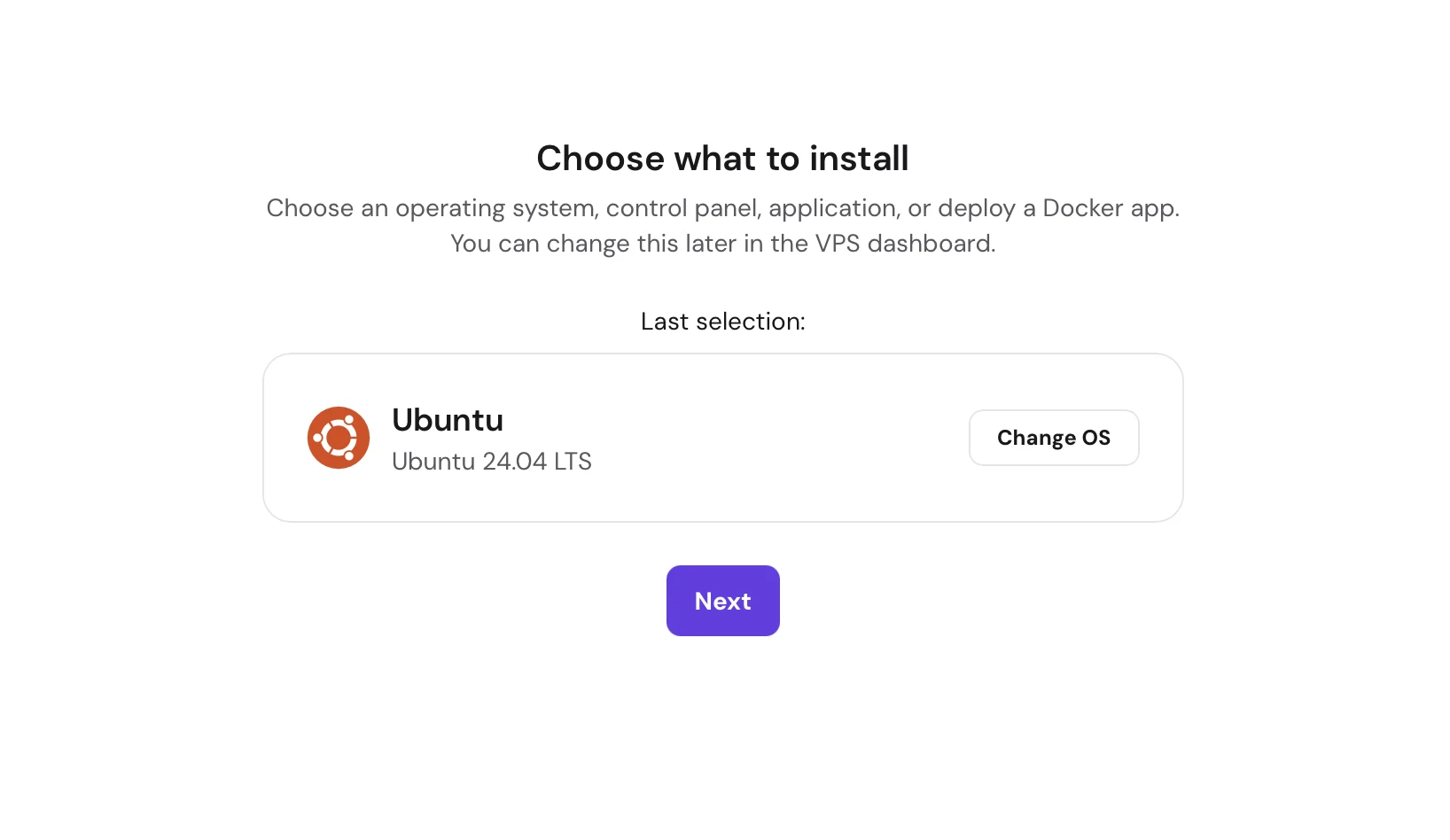 Hostinger operating system selection with Ubuntu 24.04 highlighted