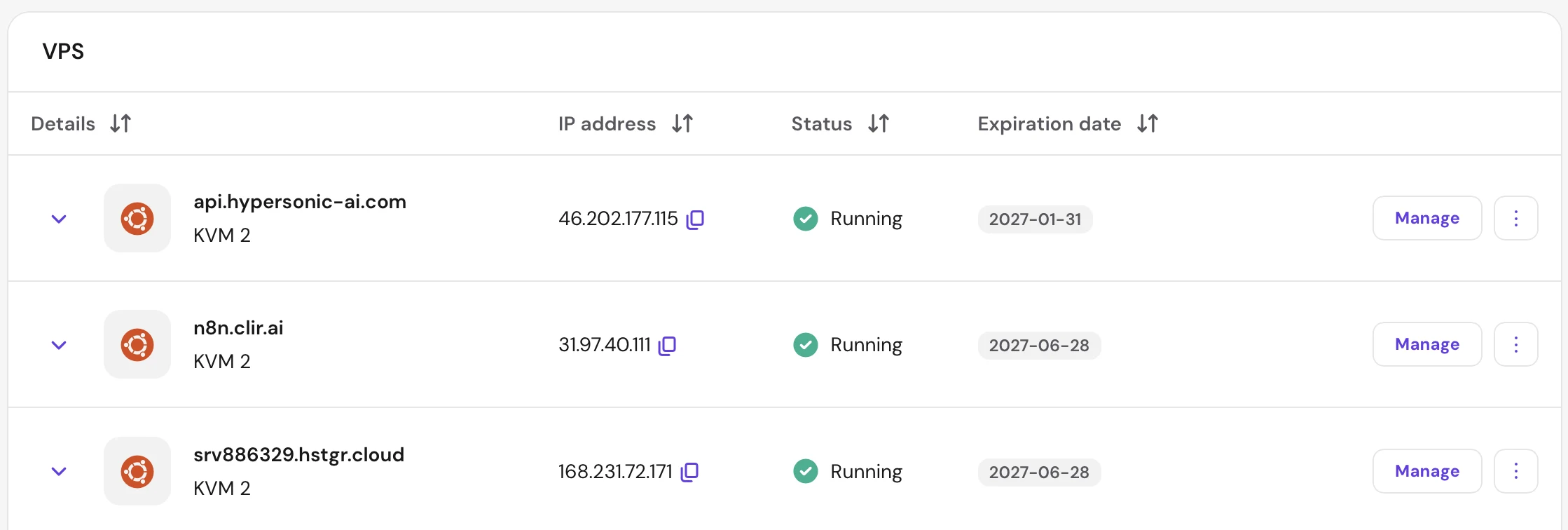 Hostinger VPS overview panel showing the server's IP address