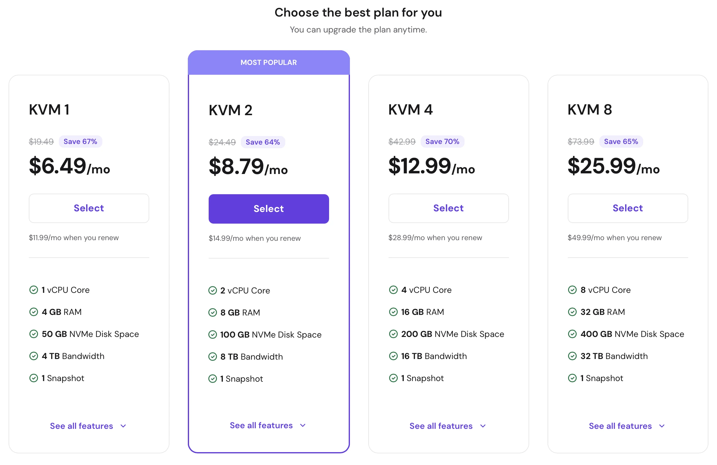 Hostinger VPS plan selection showing KVM plans and monthly prices
