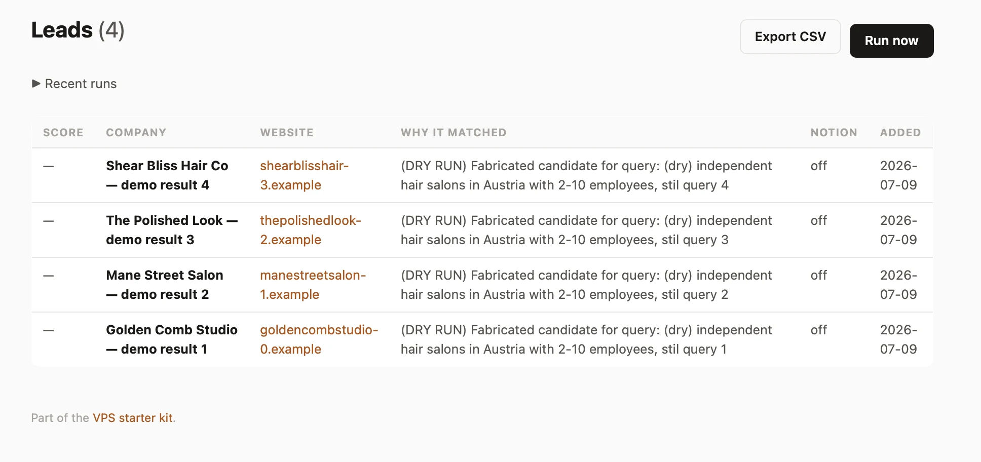 The starter kit's lead-research dashboard running on a self-hosted VPS
