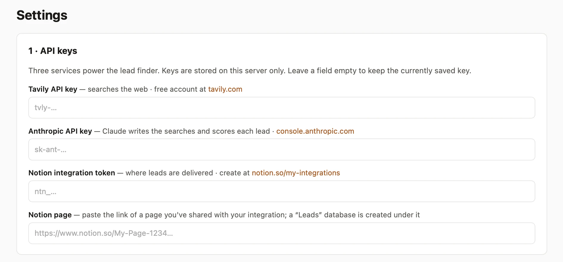 Dashboard settings page with the Tavily API key field and ideal-customer description